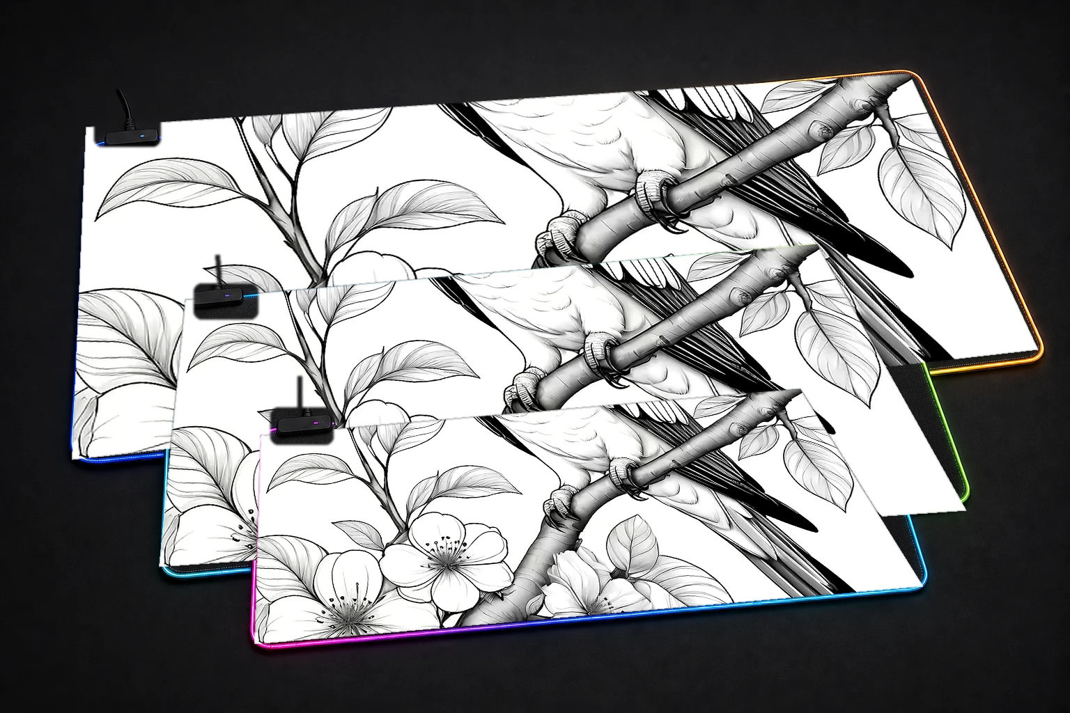 Parrots RGB Desk Mat three-size comparison