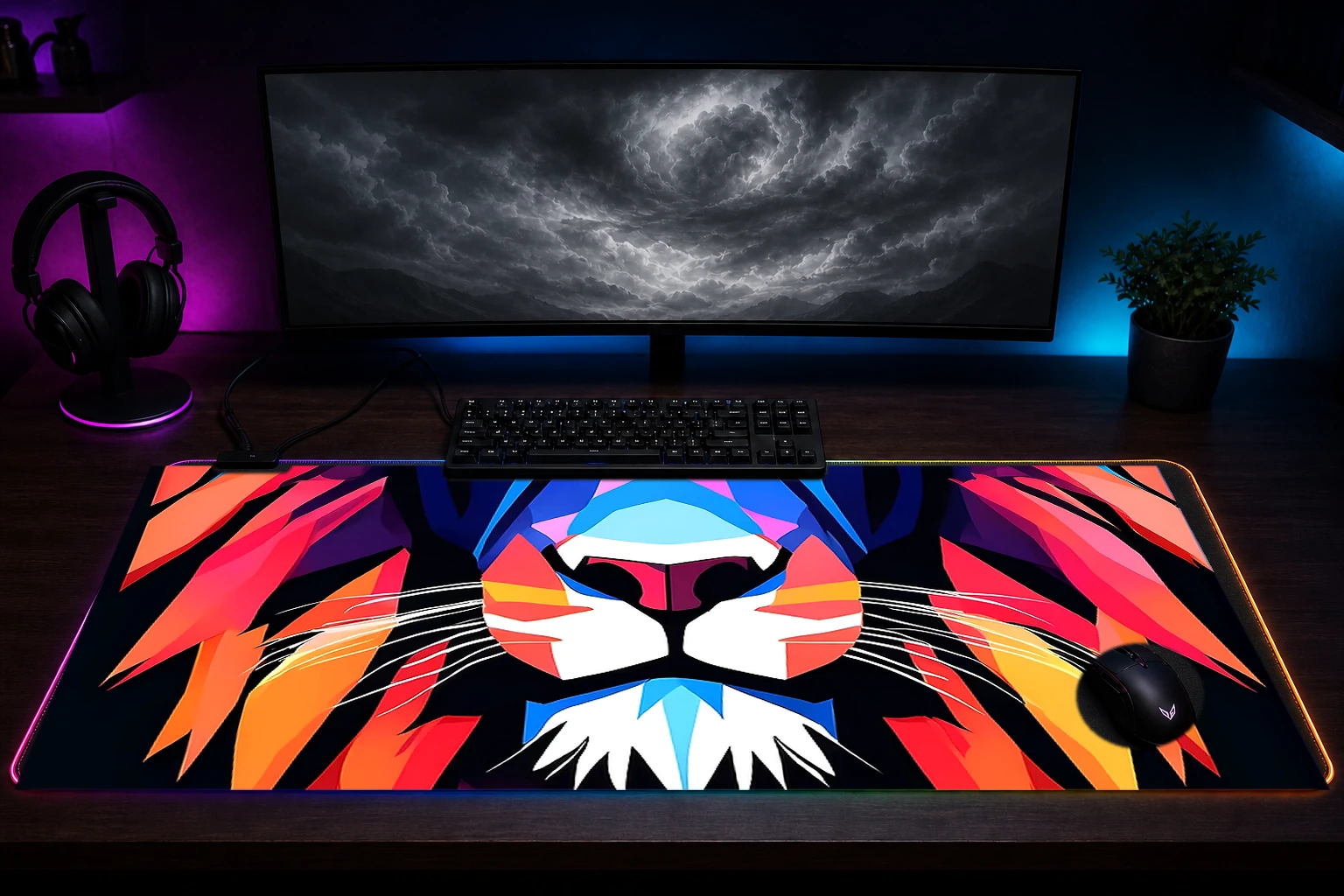 Lion RGB Desk Mat immersive setup scene