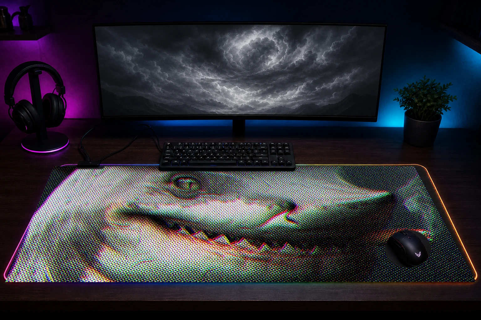Shark smoke RGB Desk Mat immersive setup scene