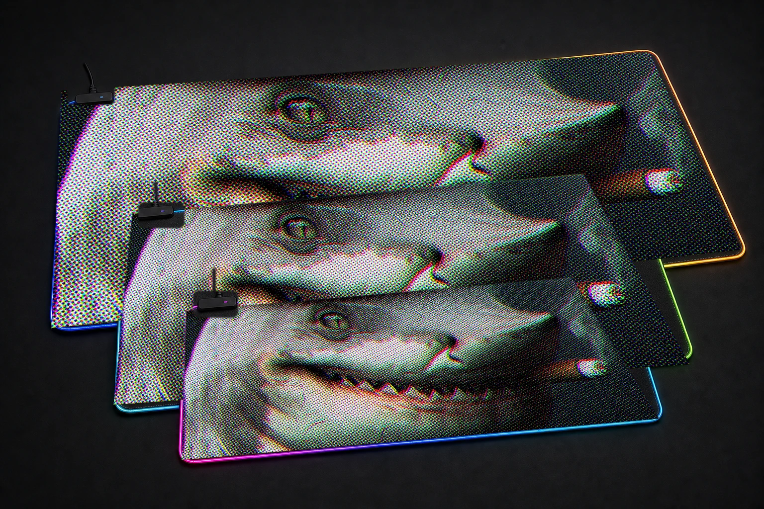 Shark smoke RGB Desk Mat three-size comparison