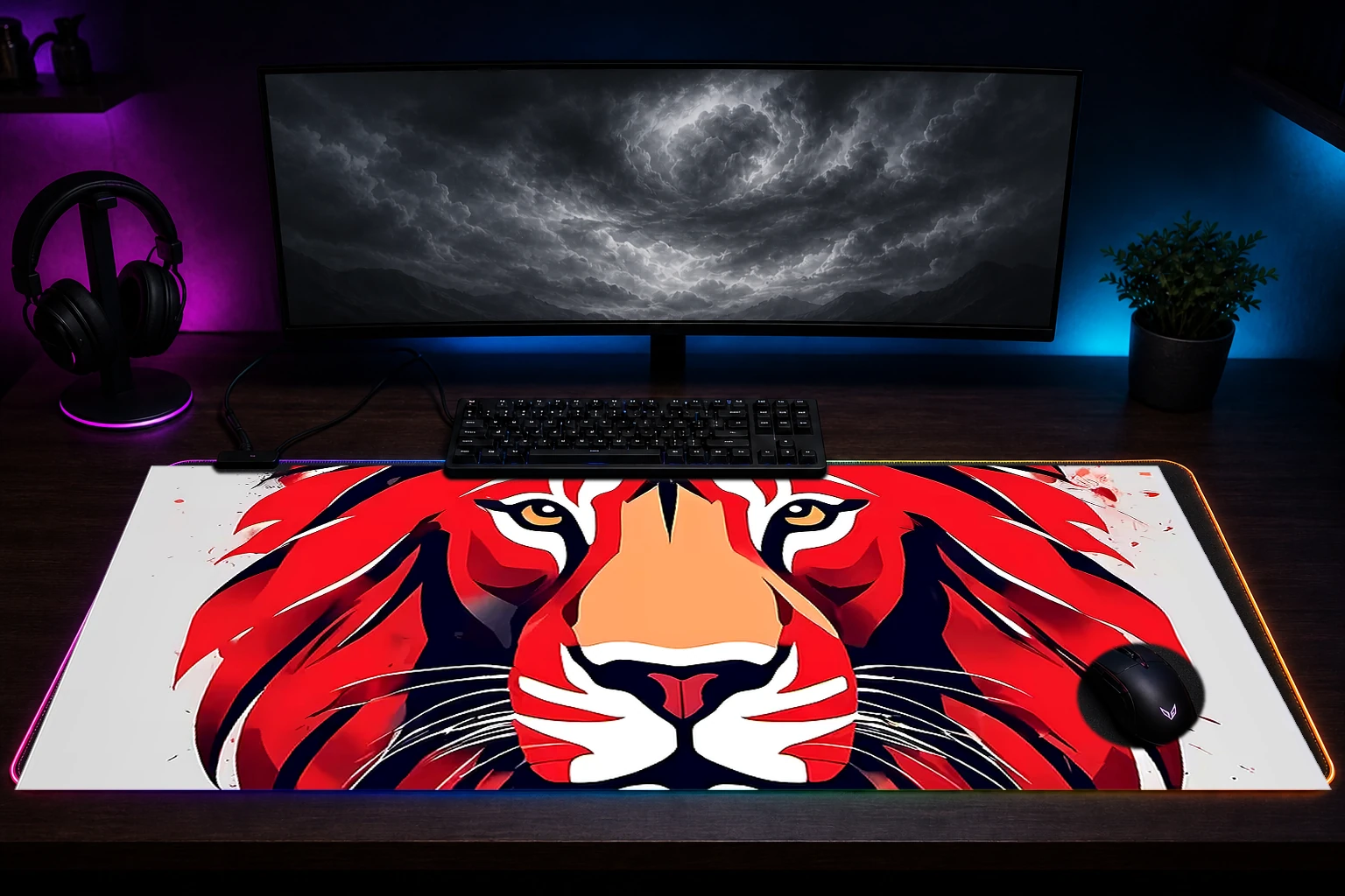 Lion RGB Desk Mat immersive setup scene