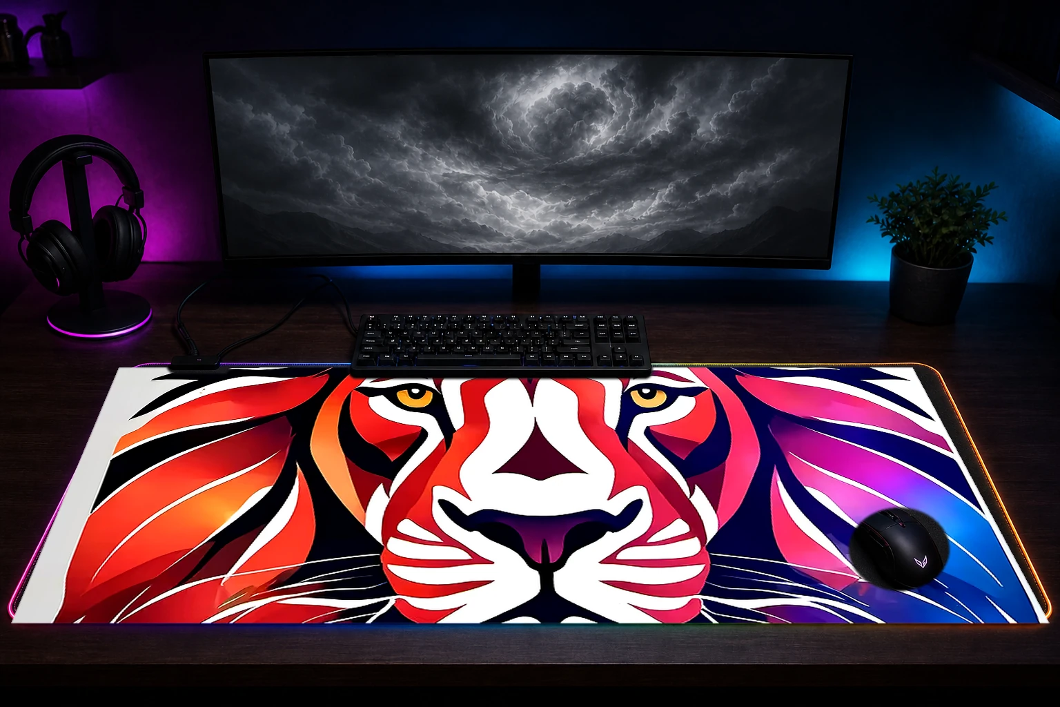 Lion RGB Desk Mat immersive setup scene