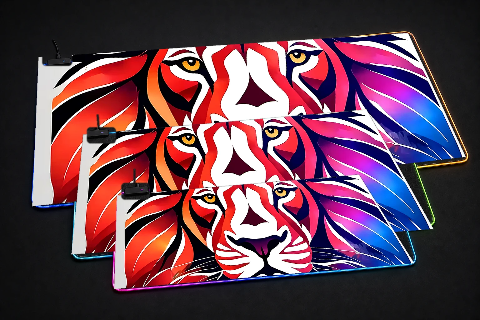 Lion RGB Desk Mat three-size comparison