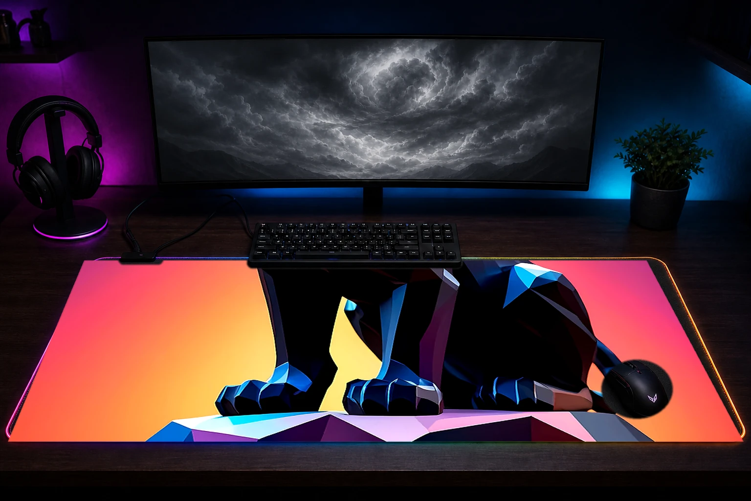 Black Panther RGB Desk Mat immersive setup scene