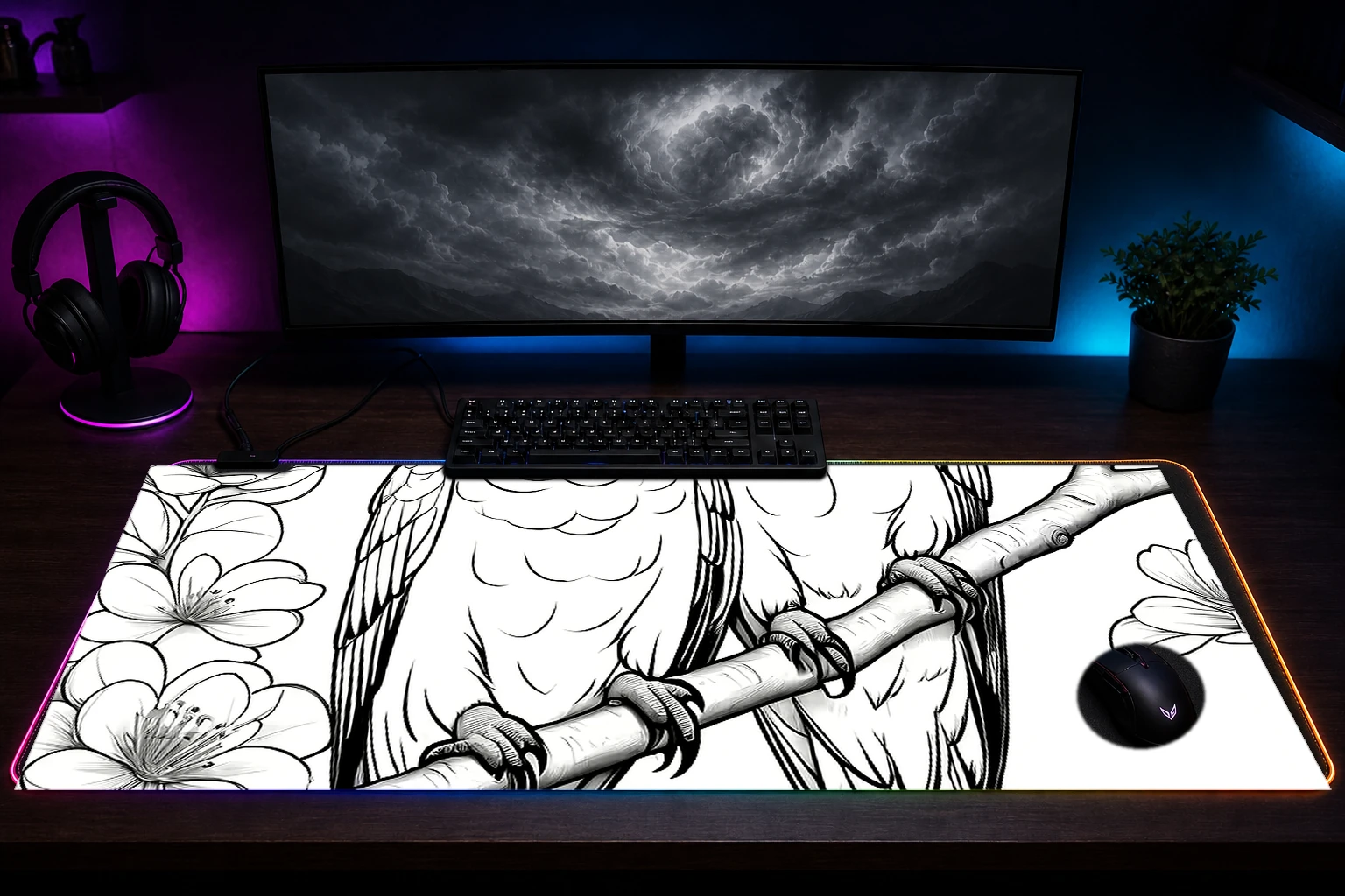 Parrots RGB Desk Mat immersive setup scene