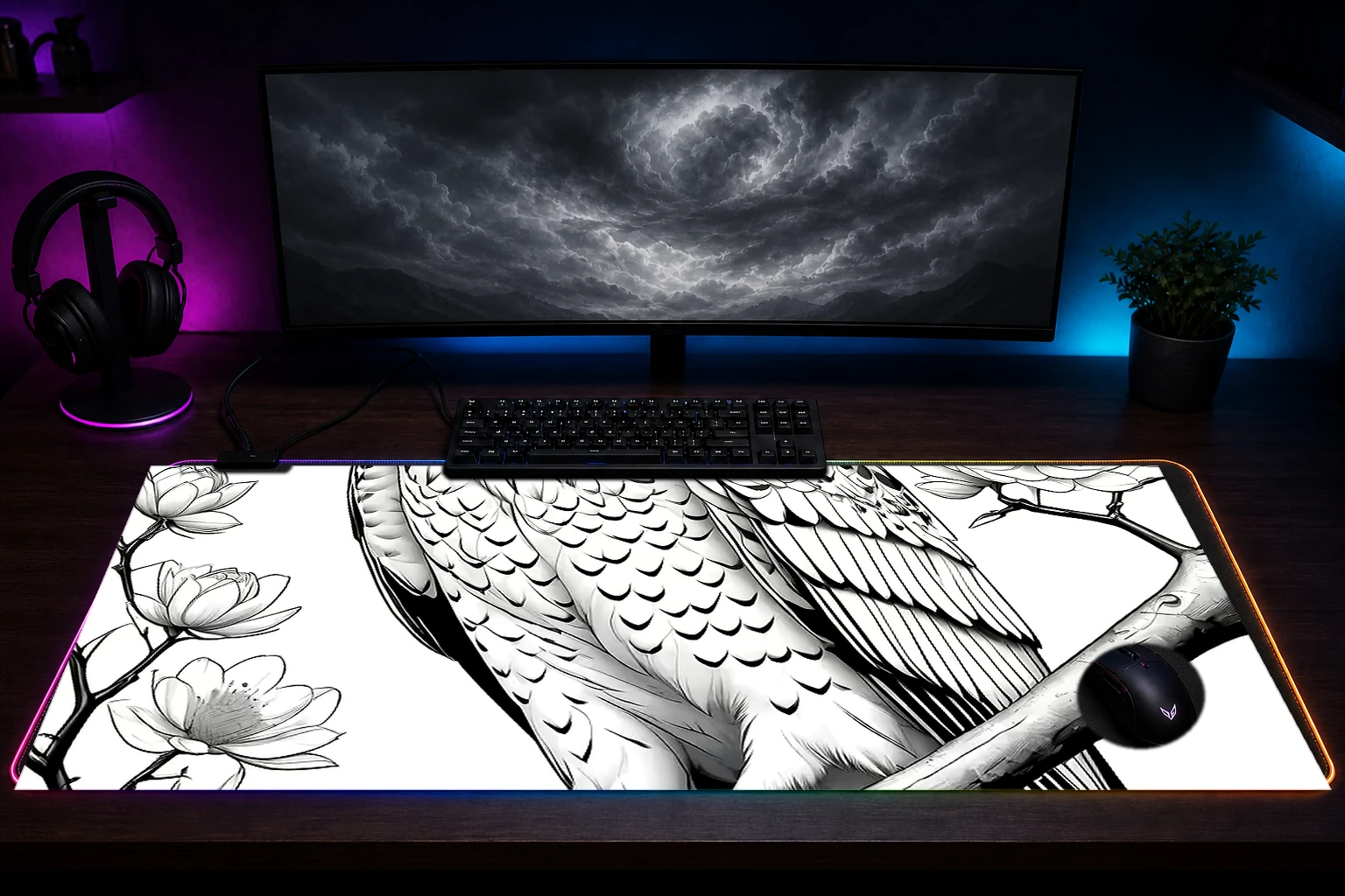Hawk RGB Desk Mat immersive setup scene