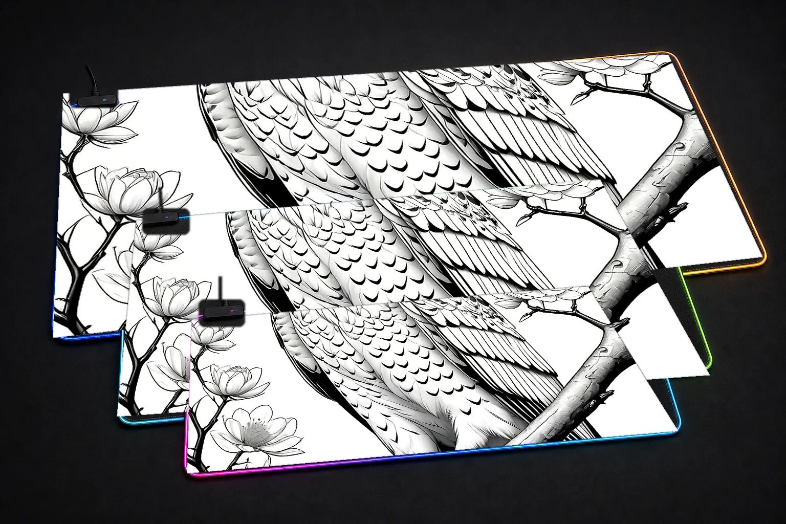 Hawk RGB Desk Mat three-size comparison