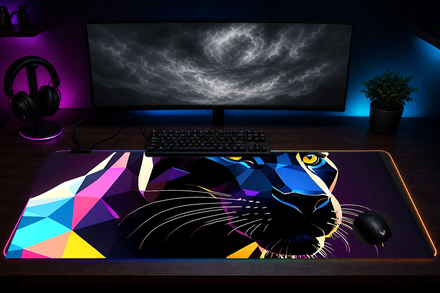 Black Panther RGB Desk Mat immersive setup scene
