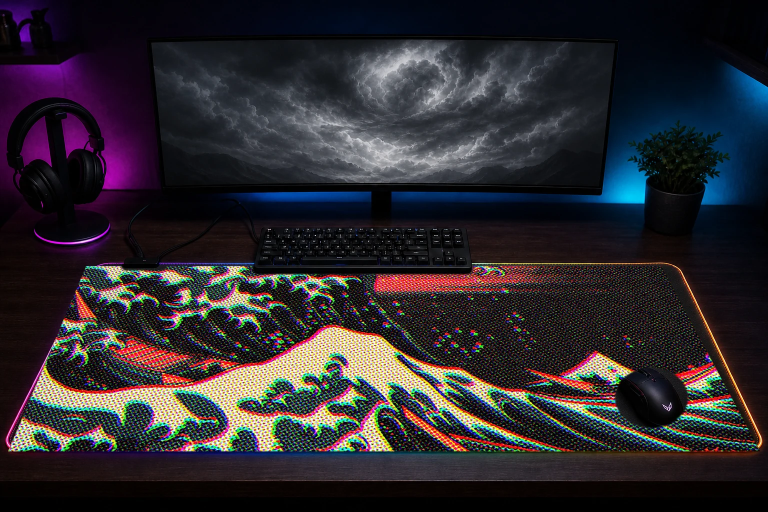 Japanese Waves RGB Desk Mat immersive setup scene