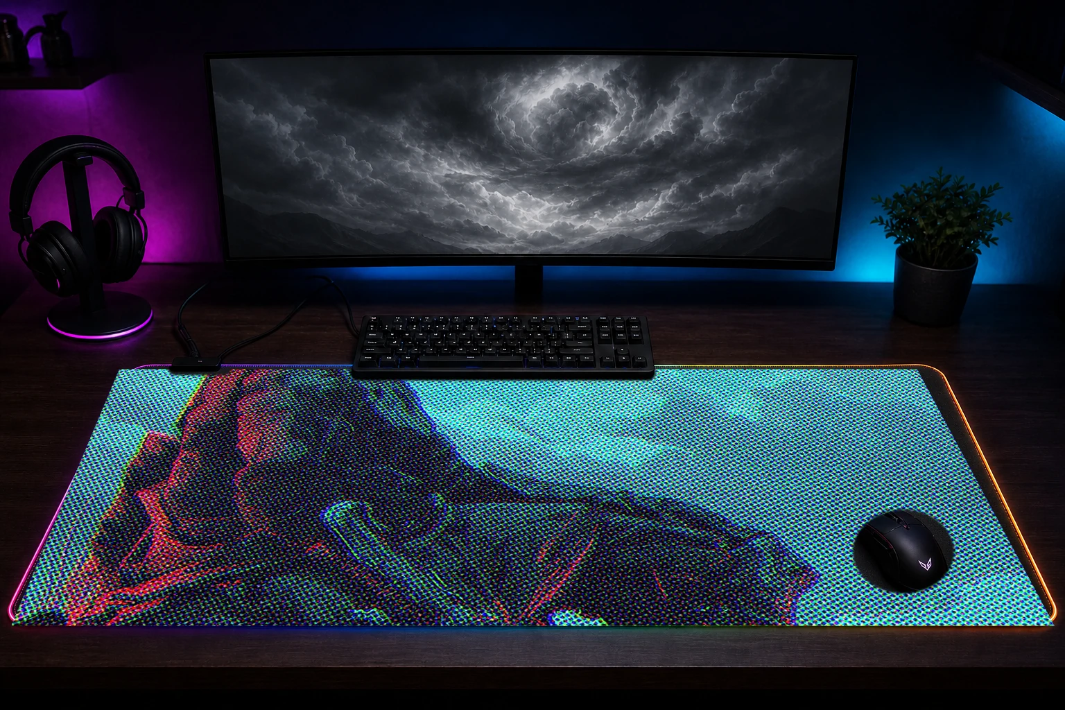 Sword Warrior RGB Desk Mat immersive setup scene