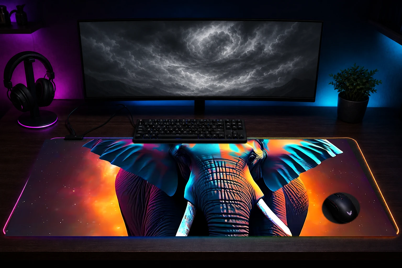 elephant RGB Desk Mat immersive setup scene
