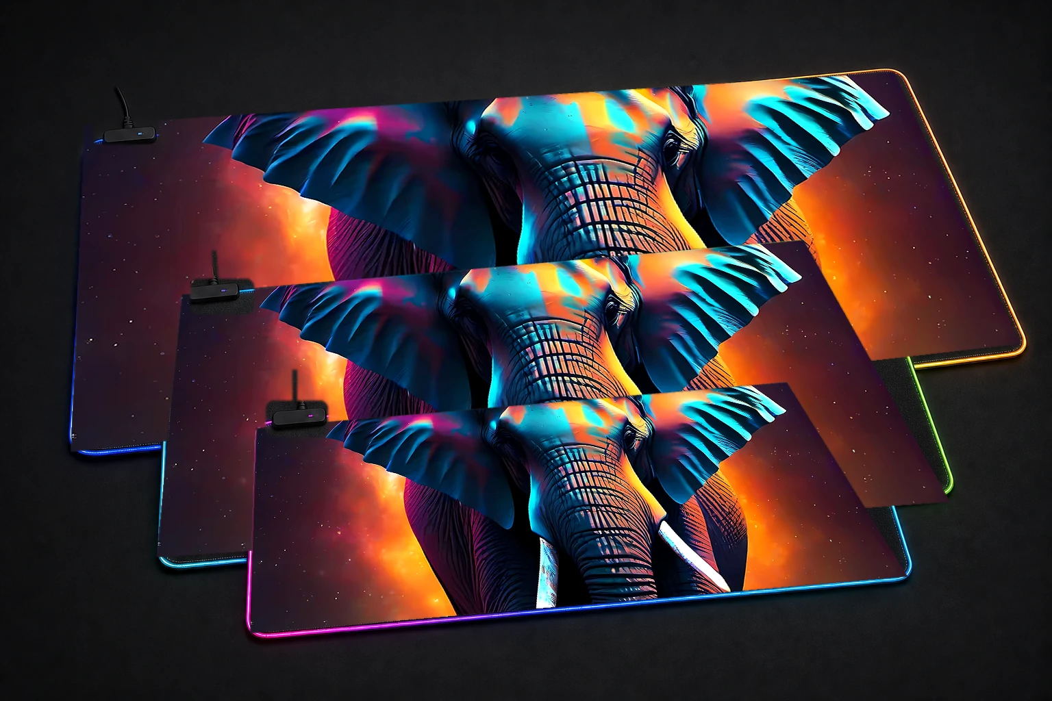 elephant RGB Desk Mat three-size comparison