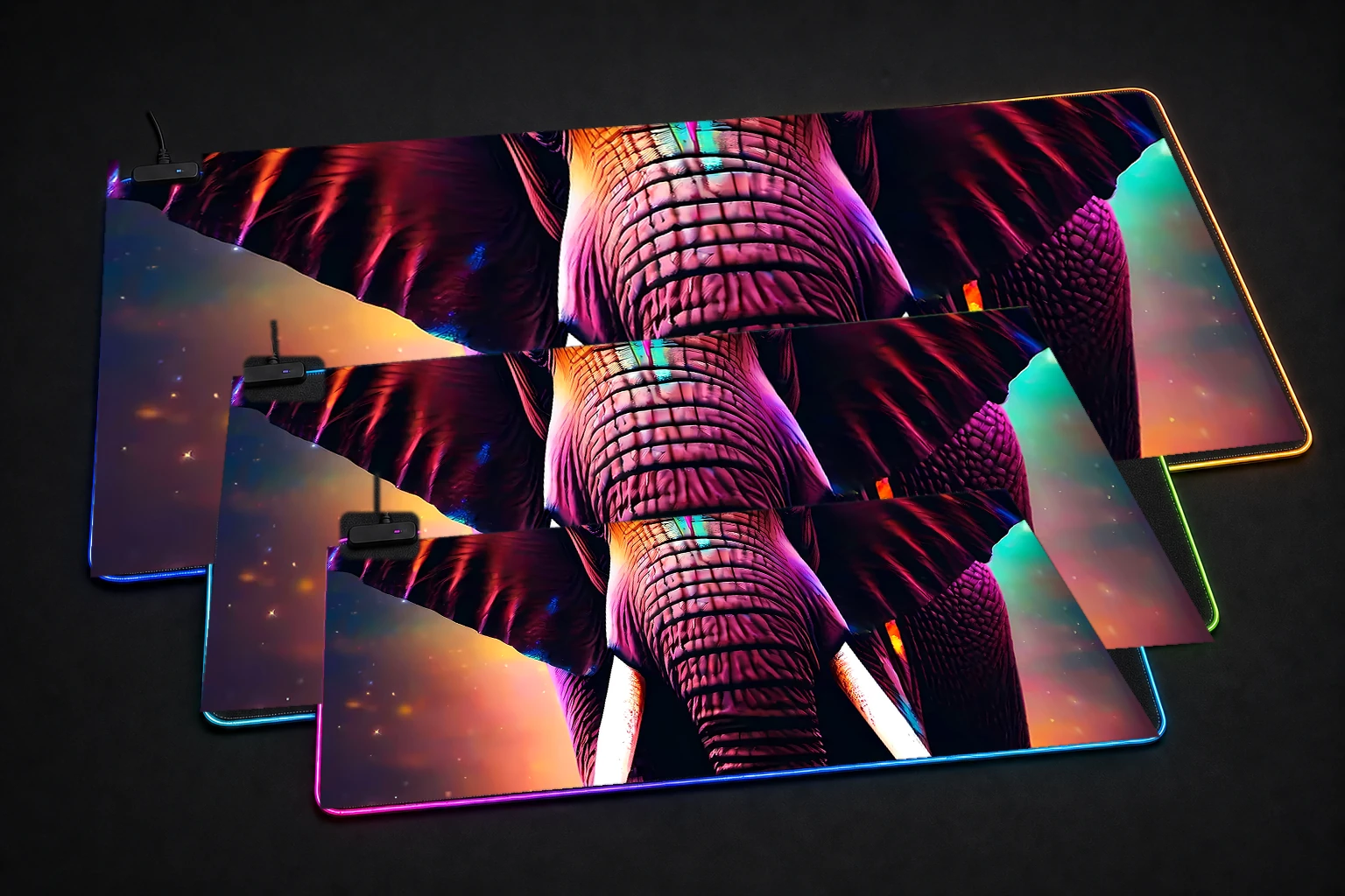elephant RGB Desk Mat three-size comparison