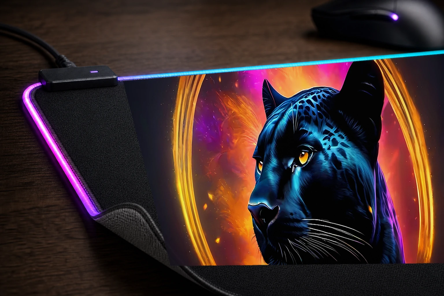 Black Panther RGB Desk Mat controller and material detail