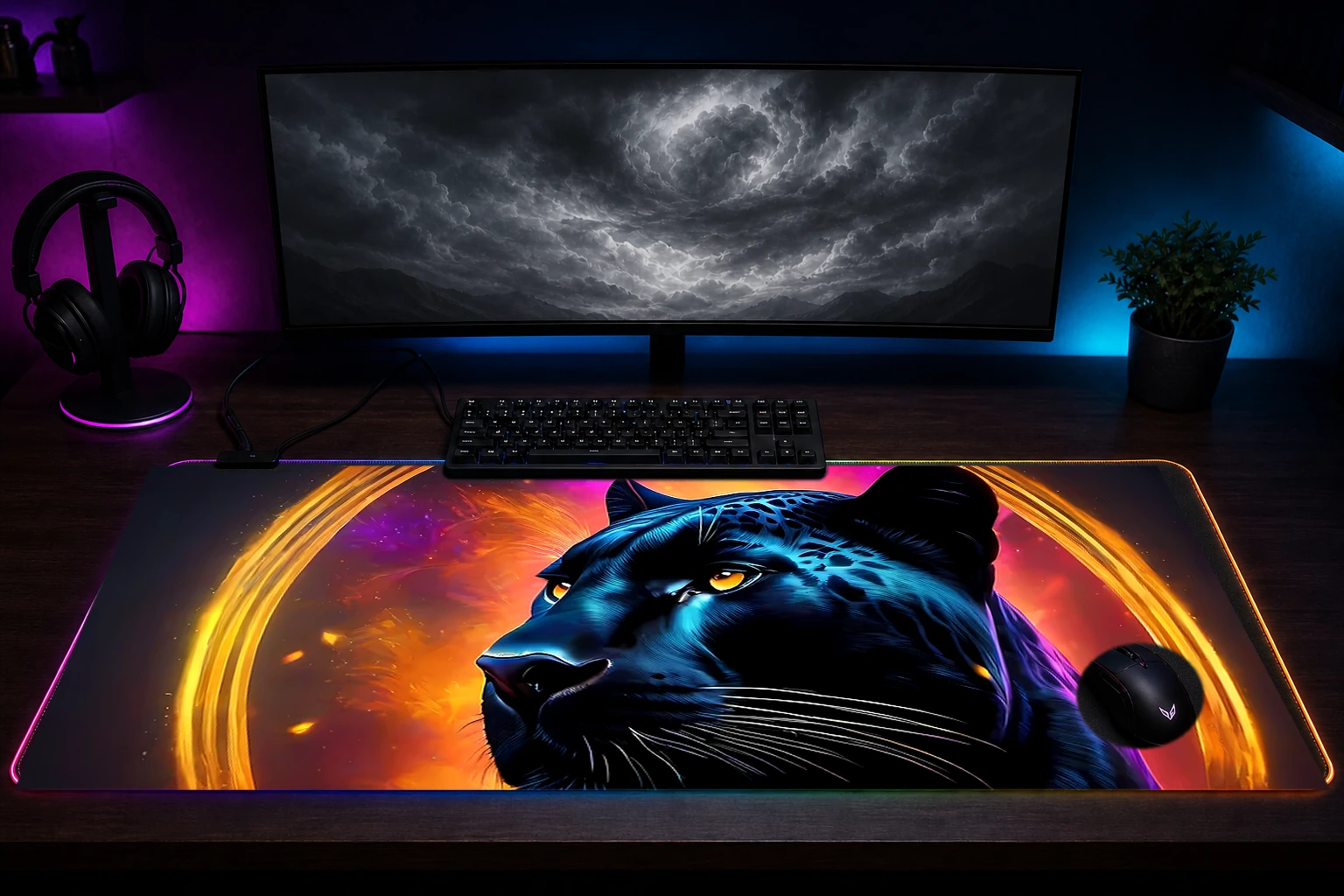 Black Panther RGB Desk Mat immersive setup scene