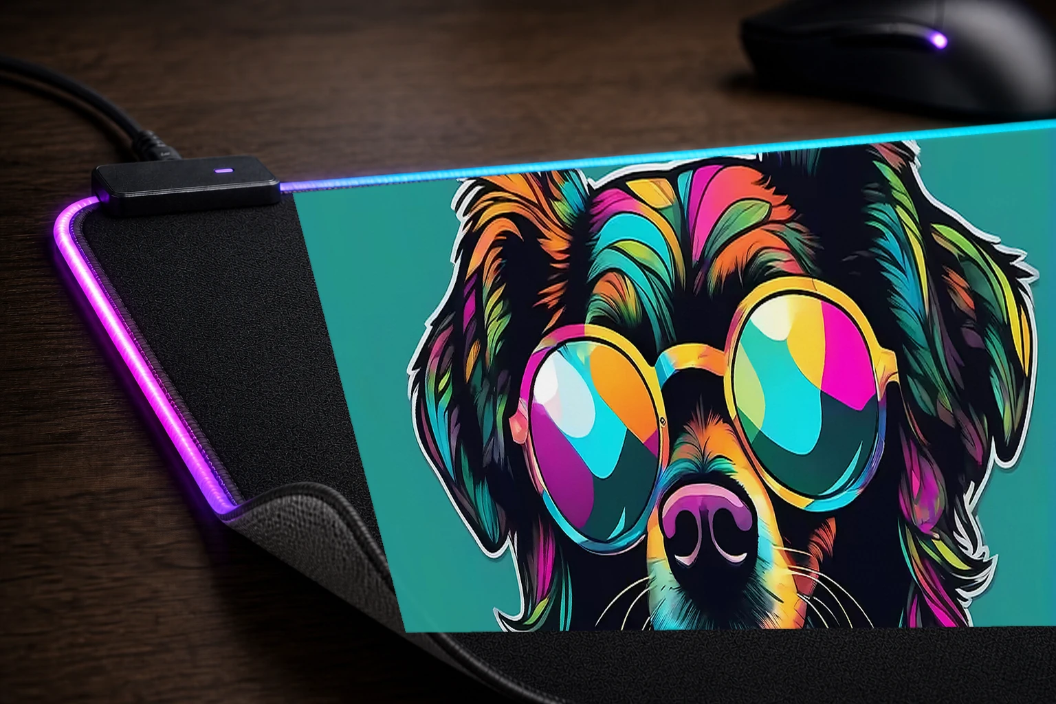 Dog RGB Desk Mat controller and material detail