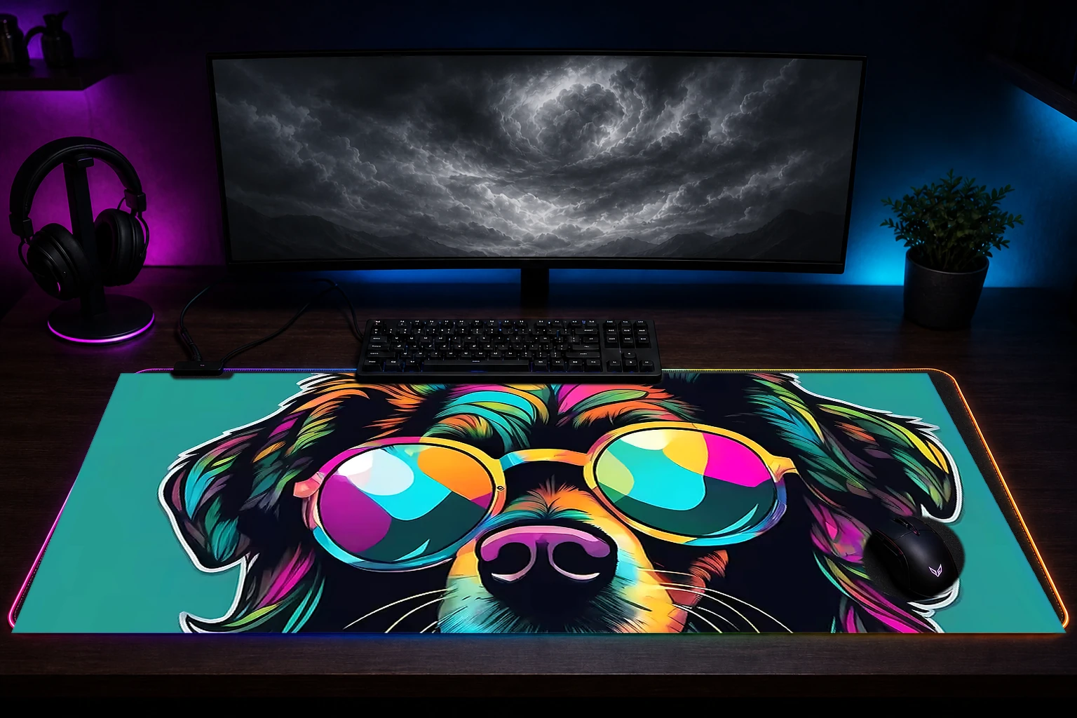 Dog RGB Desk Mat immersive setup scene