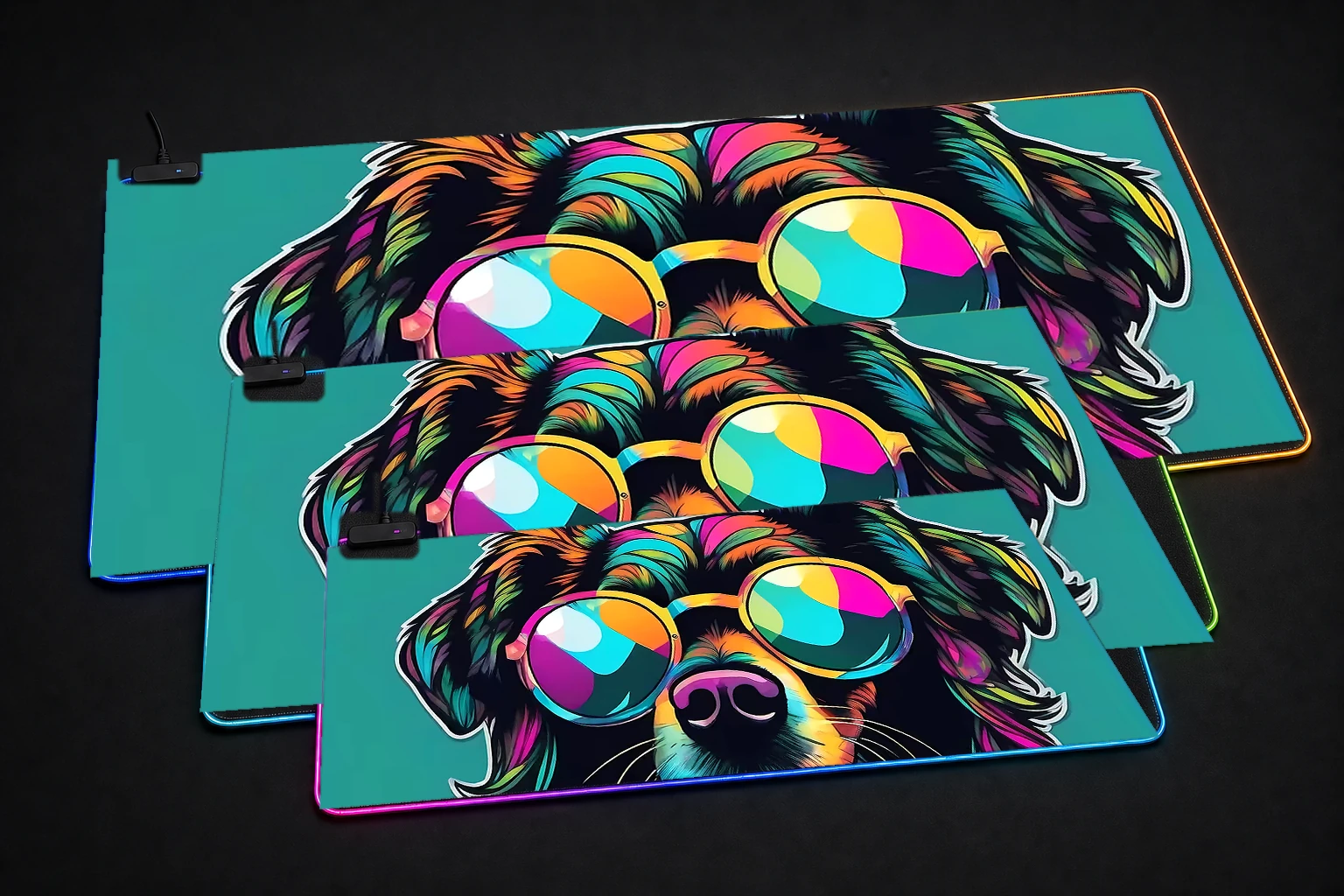 Dog RGB Desk Mat three-size comparison