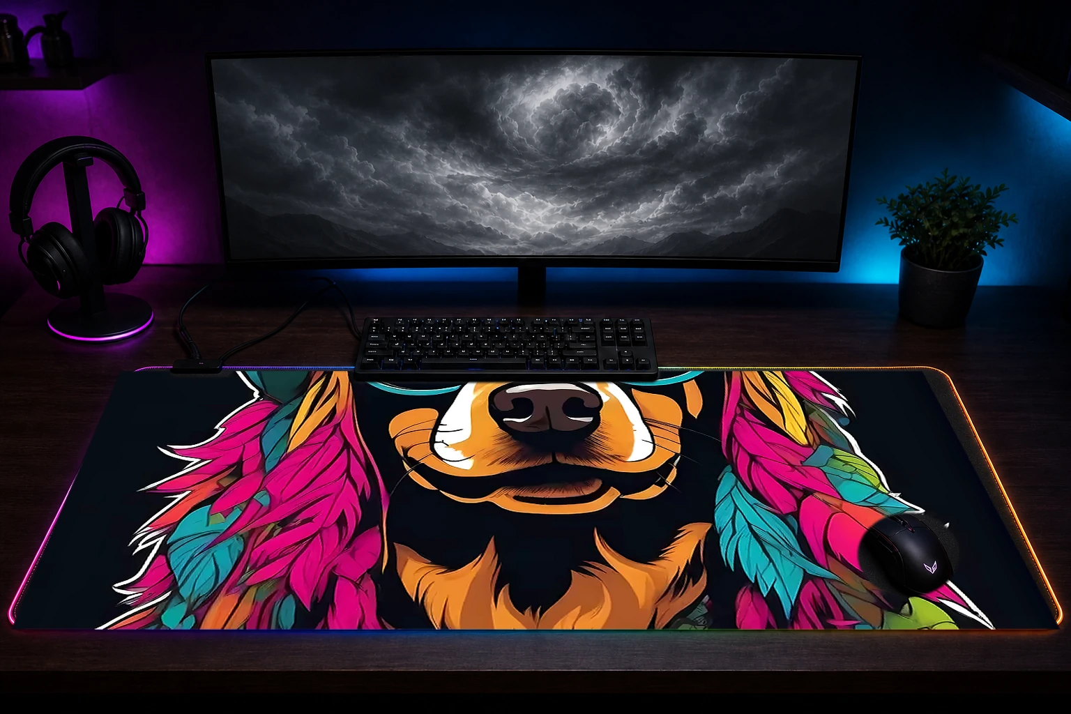 Dog RGB Desk Mat immersive setup scene