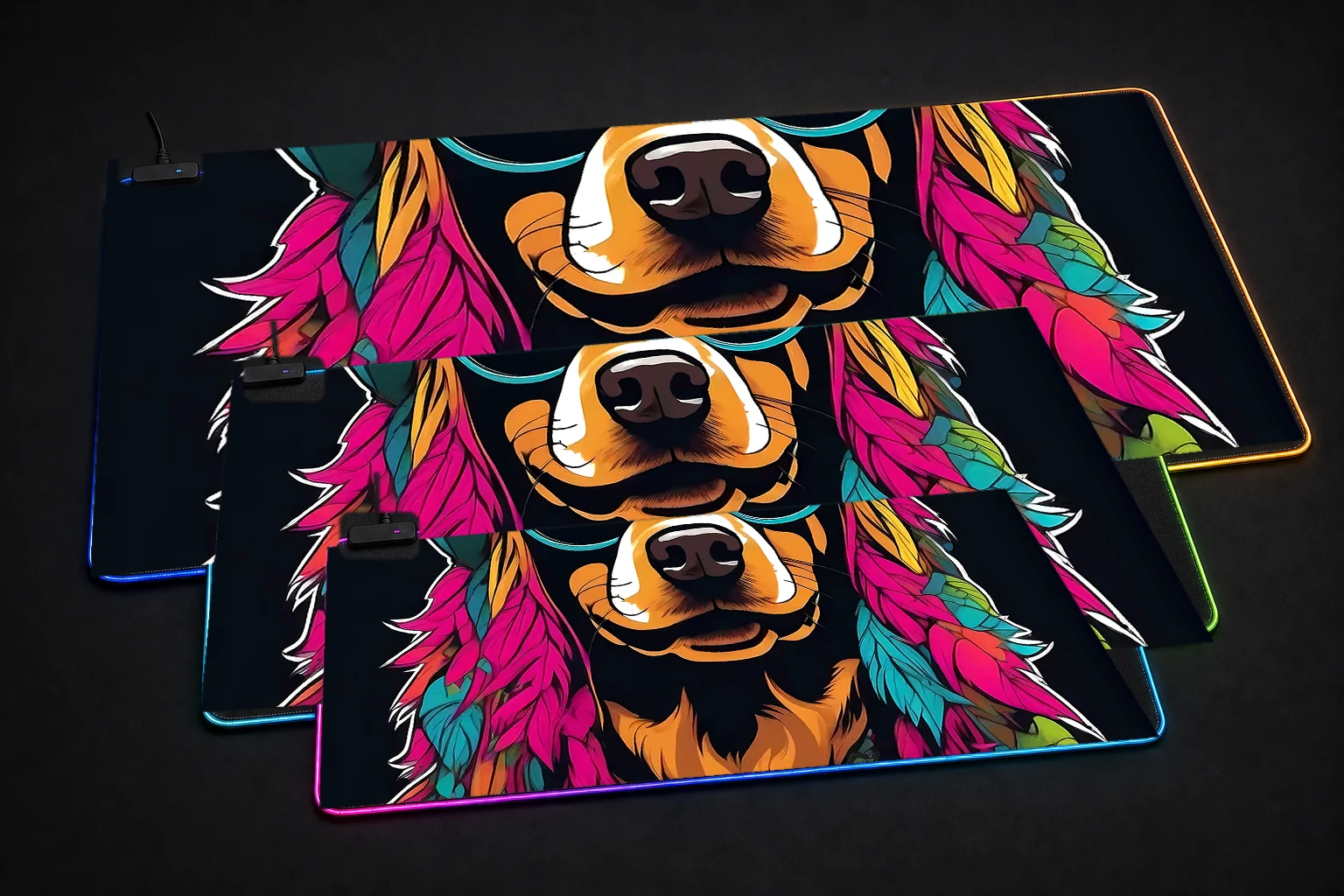 Dog RGB Desk Mat three-size comparison