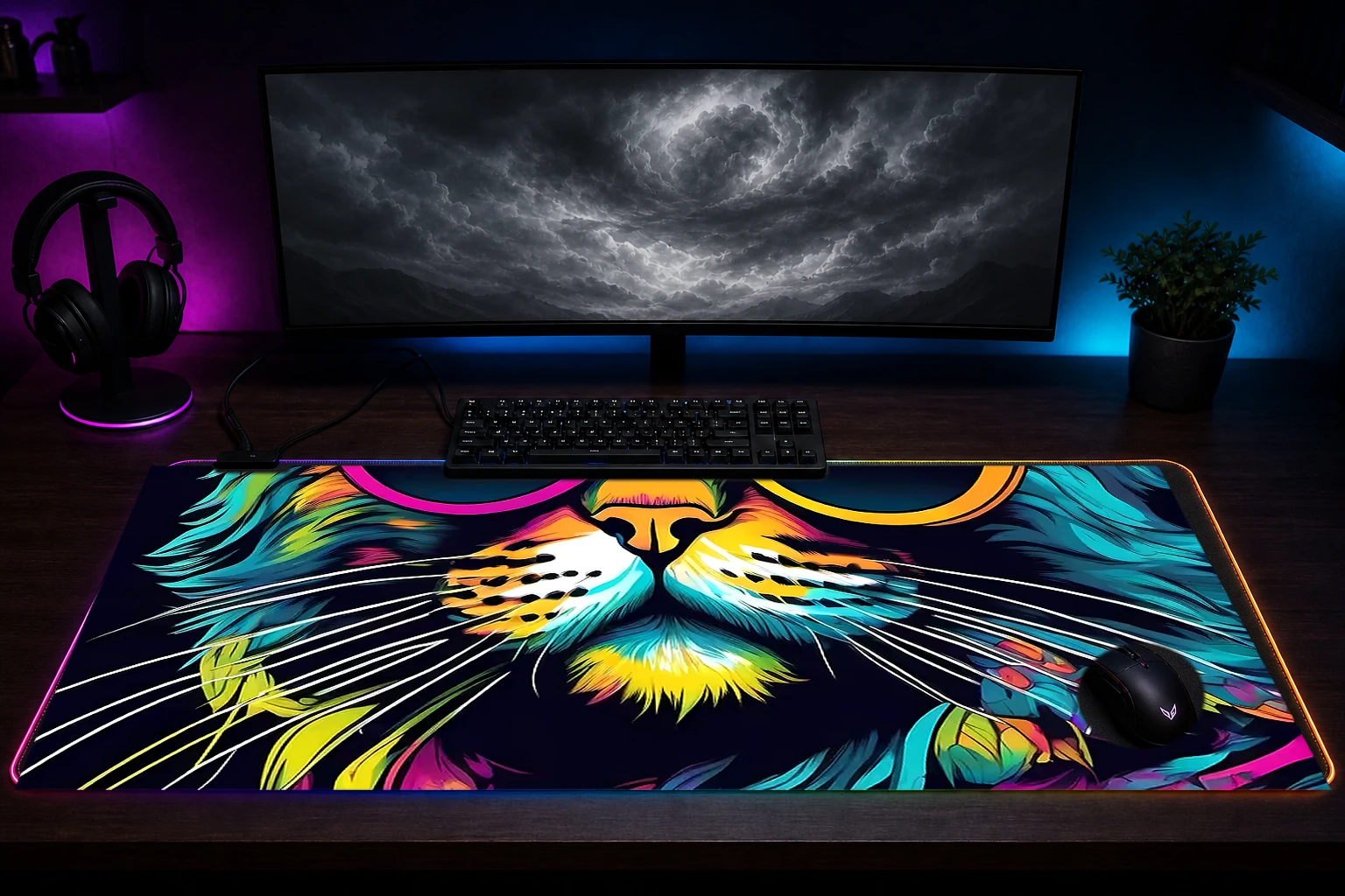 Cat RGB Desk Mat immersive setup scene