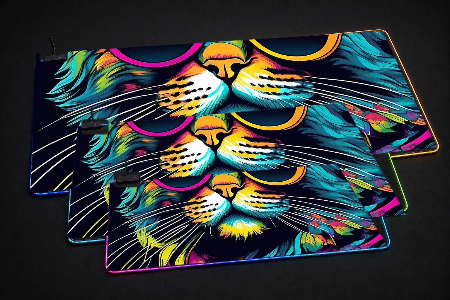 Cat RGB Desk Mat three-size comparison