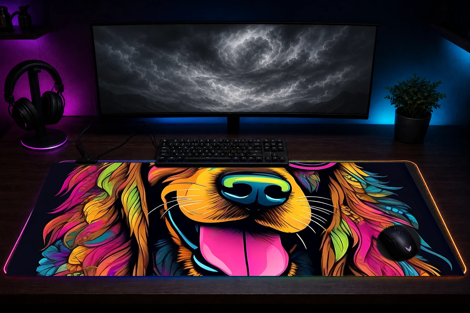Dog RGB Desk Mat immersive setup scene