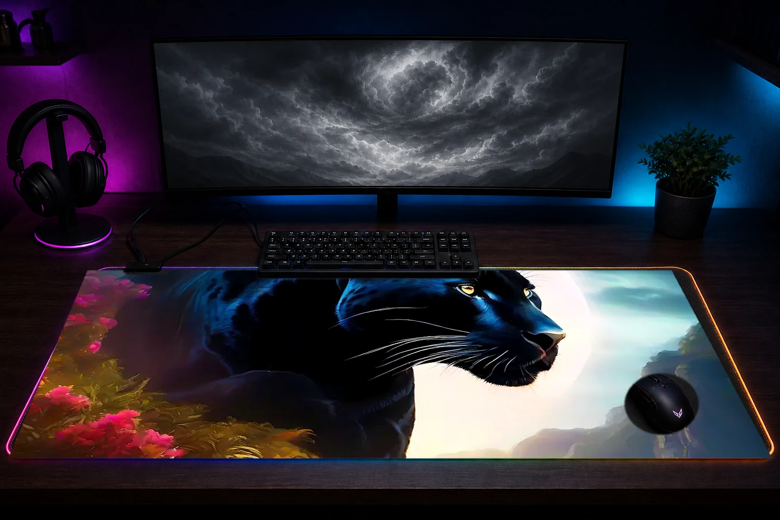 Black Panther RGB Desk Mat immersive setup scene