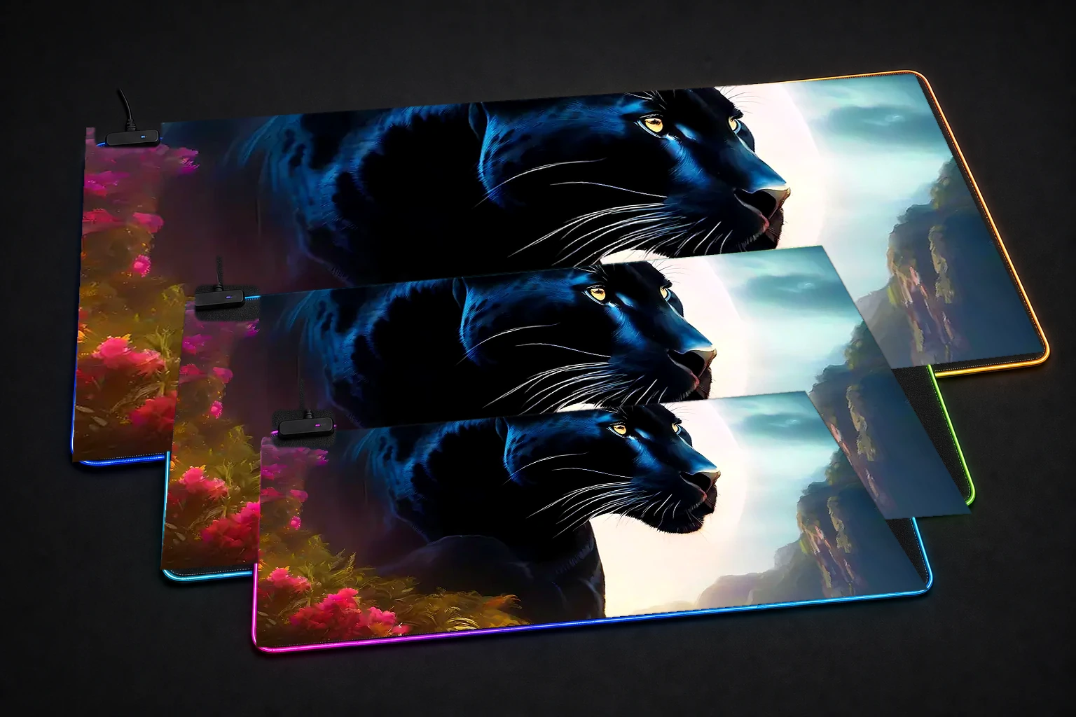Black Panther RGB Desk Mat three-size comparison