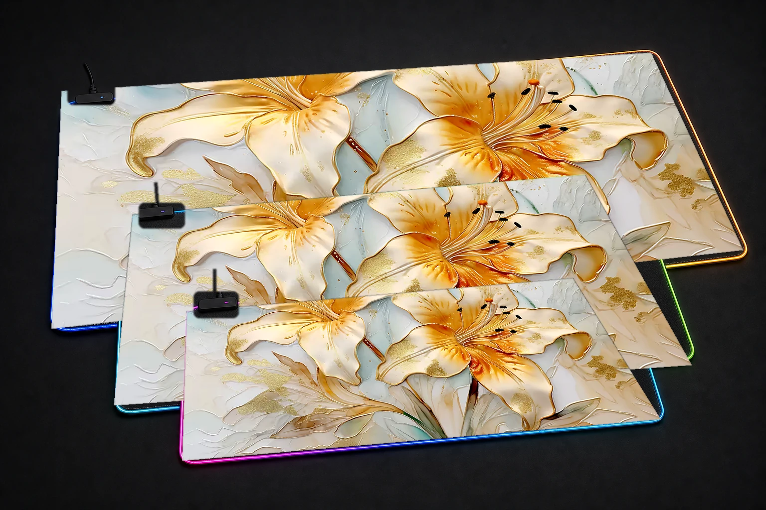 flower art RGB Desk Mat three-size comparison