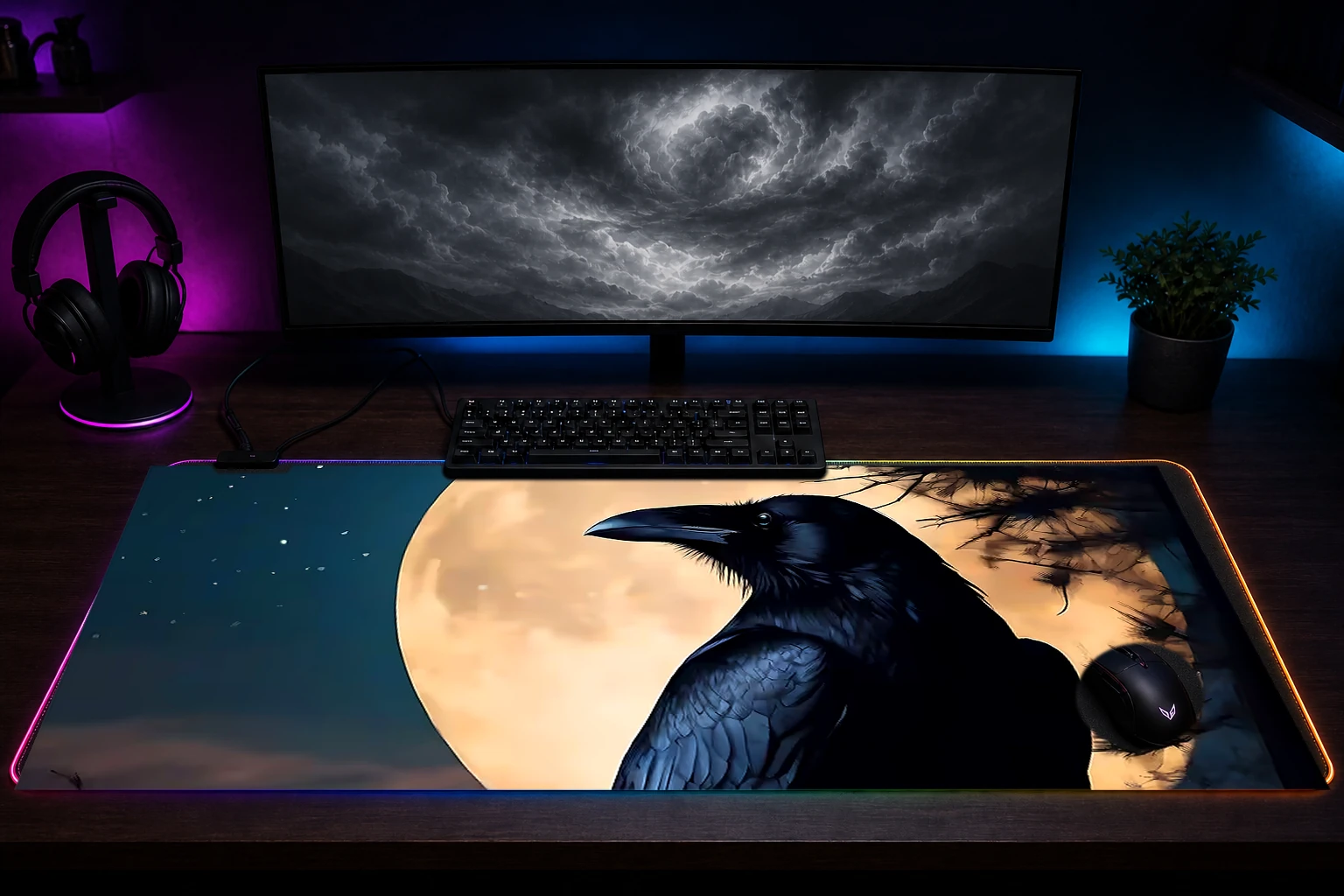 Crow RGB Desk Mat immersive setup scene