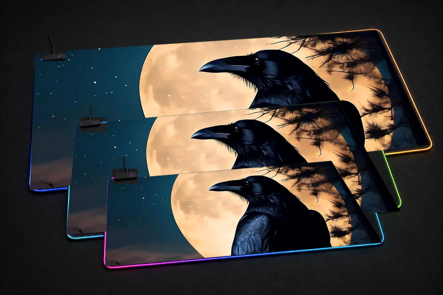 Crow RGB Desk Mat three-size comparison