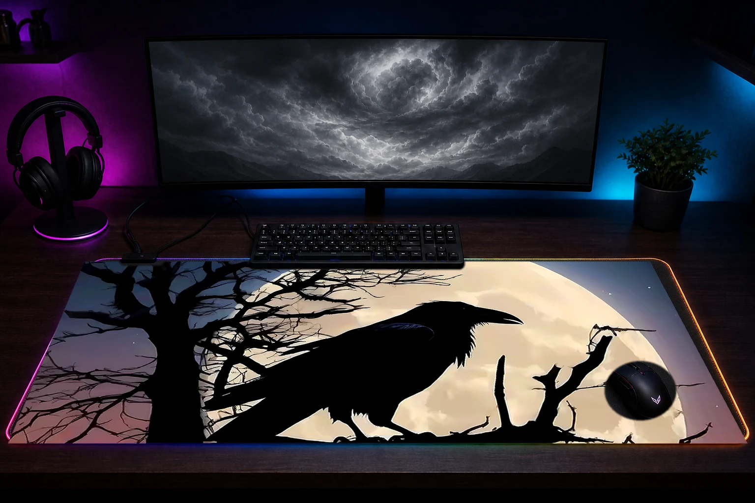 Crow RGB Desk Mat immersive setup scene