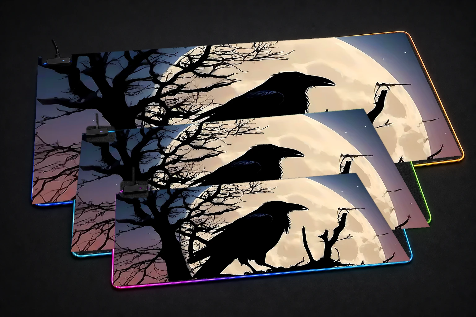 Crow RGB Desk Mat three-size comparison