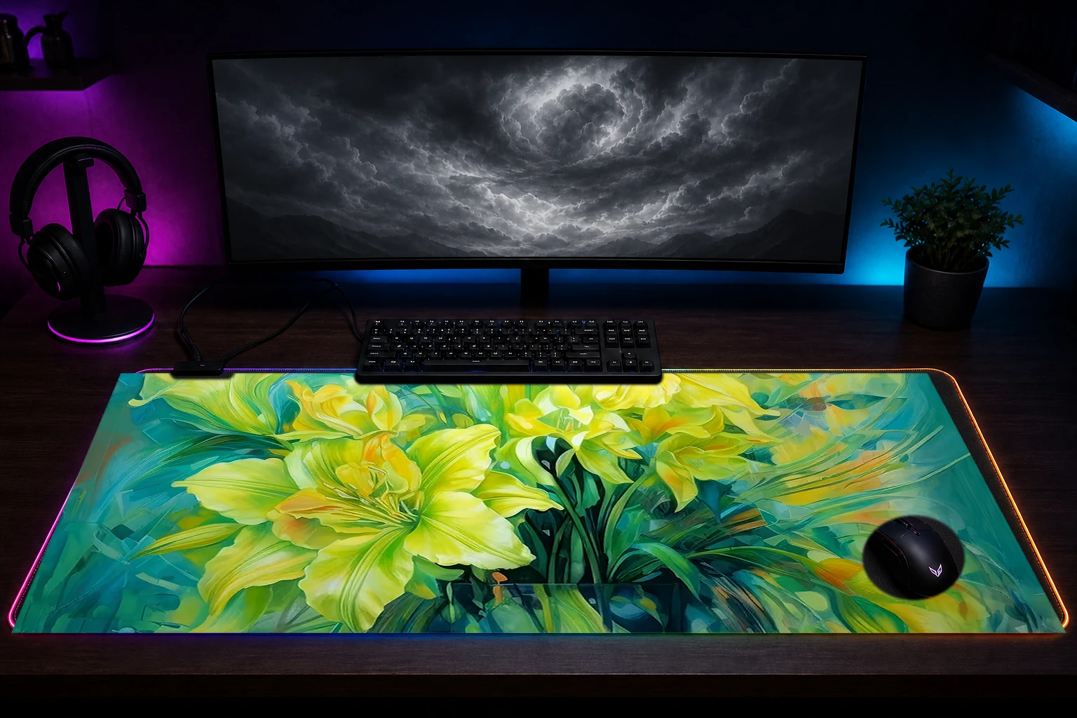 flower art RGB Desk Mat immersive setup scene