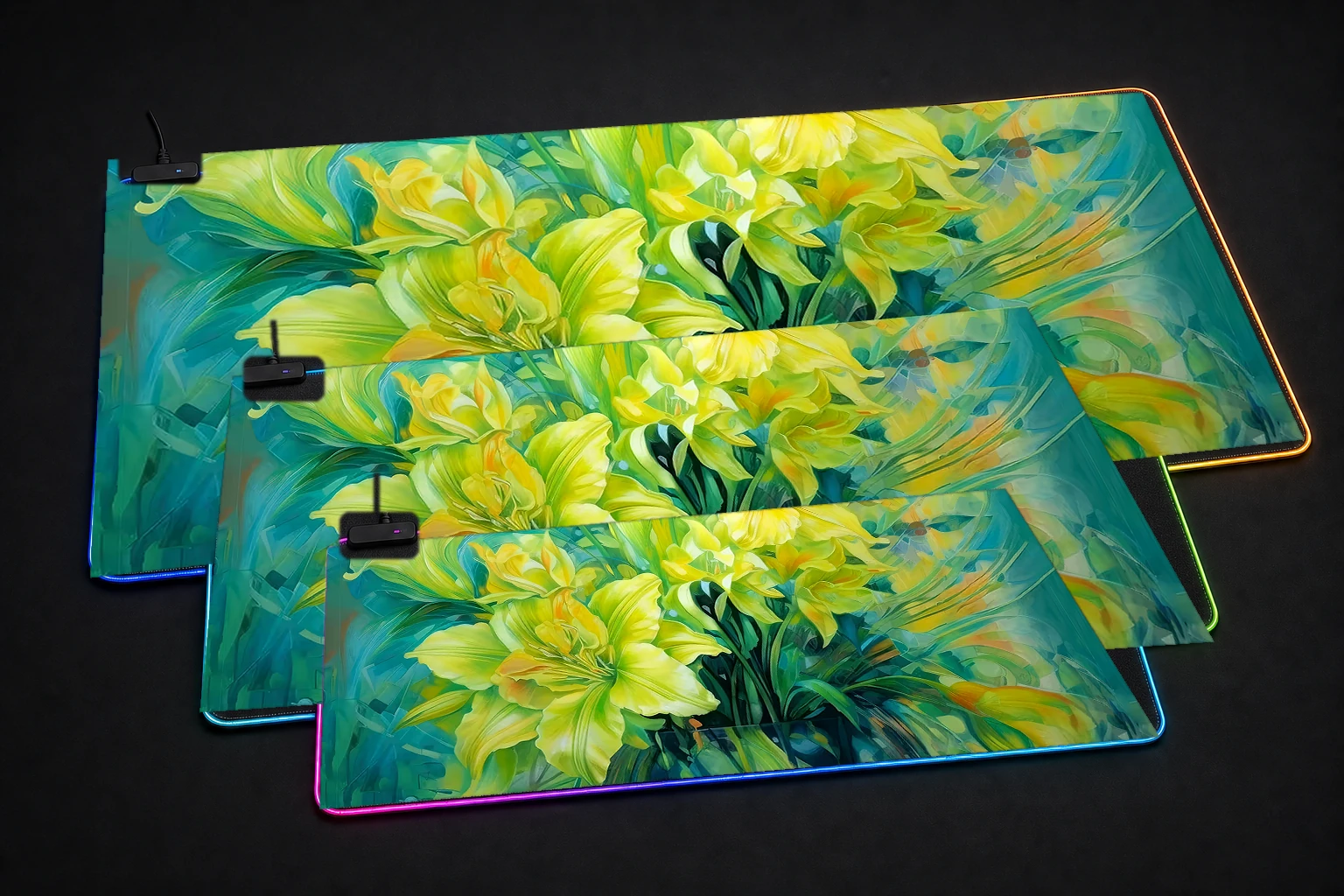 flower art RGB Desk Mat three-size comparison