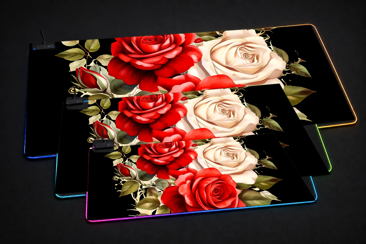 flower art RGB Desk Mat three-size comparison