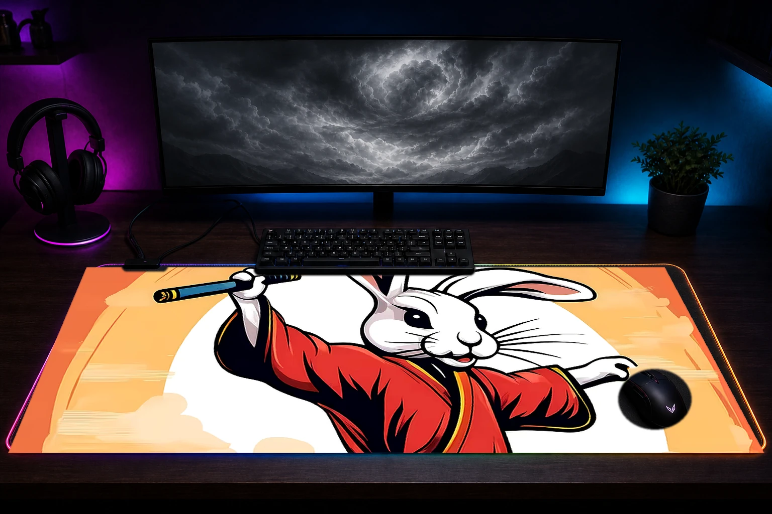 Rabbit RGB Desk Mat immersive setup scene