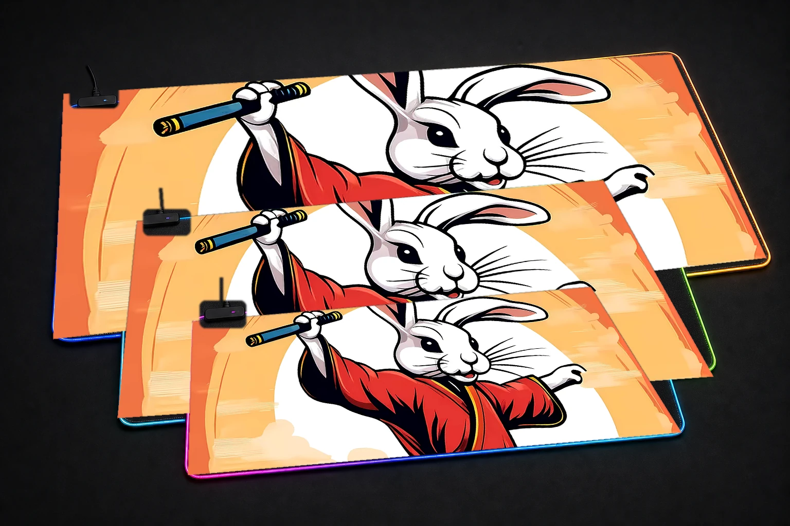 Rabbit RGB Desk Mat three-size comparison