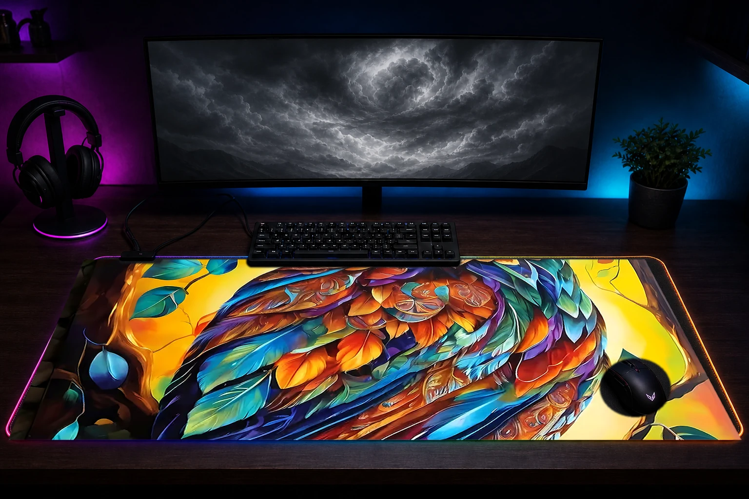 Owl RGB Desk Mat immersive setup scene