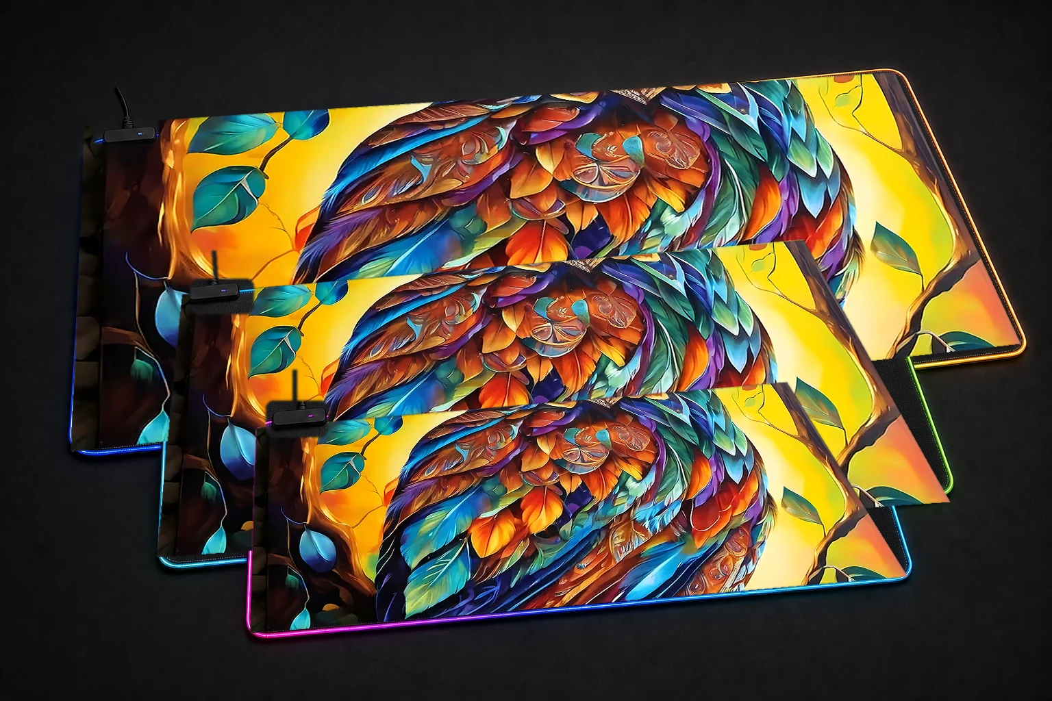 Owl RGB Desk Mat three-size comparison