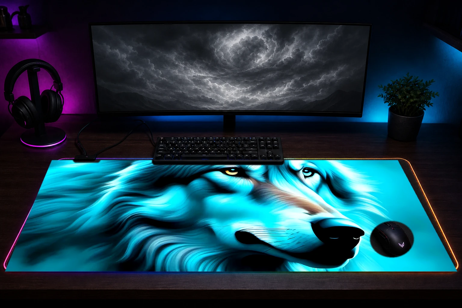 Wolf RGB Desk Mat immersive setup scene