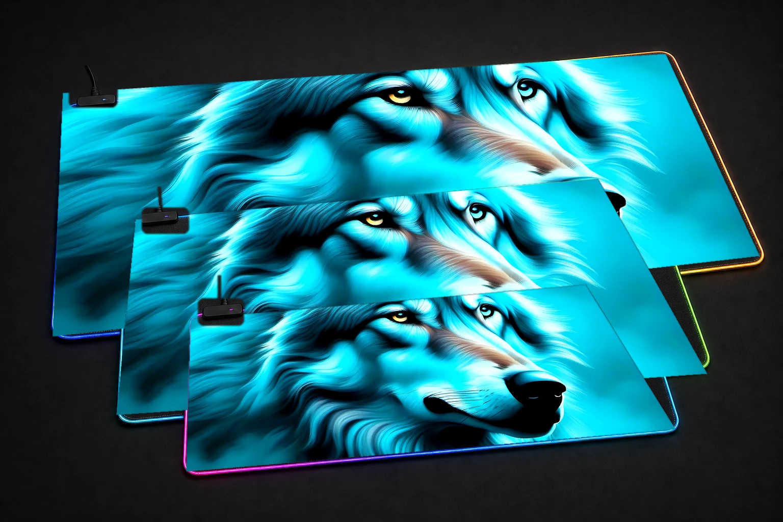 Wolf RGB Desk Mat three-size comparison