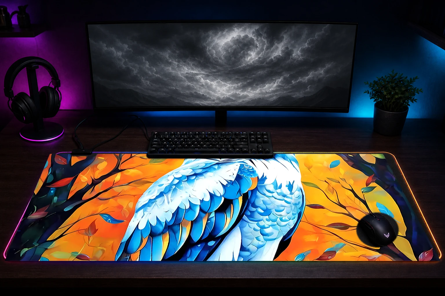 Owl RGB Desk Mat immersive setup scene