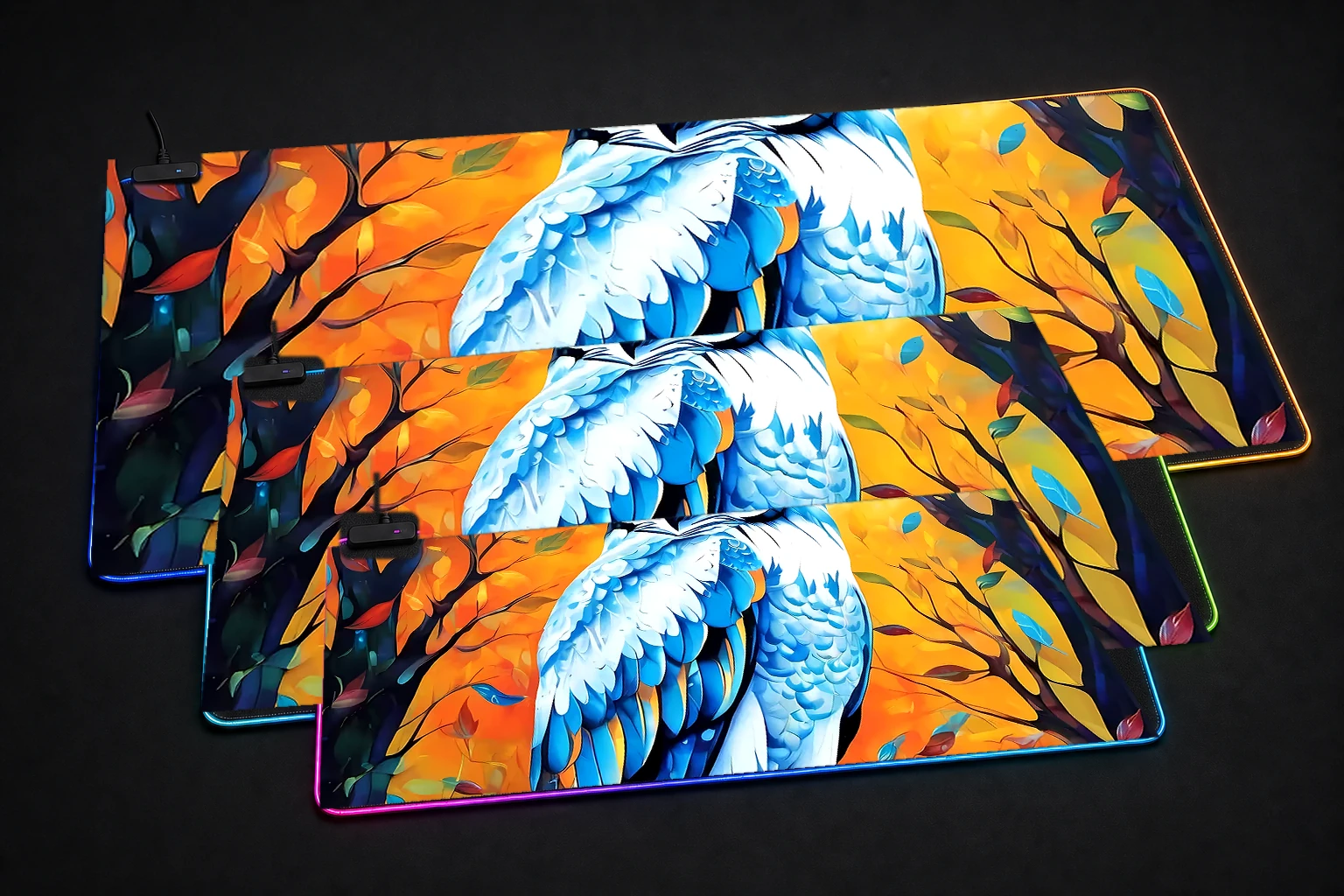 Owl RGB Desk Mat three-size comparison