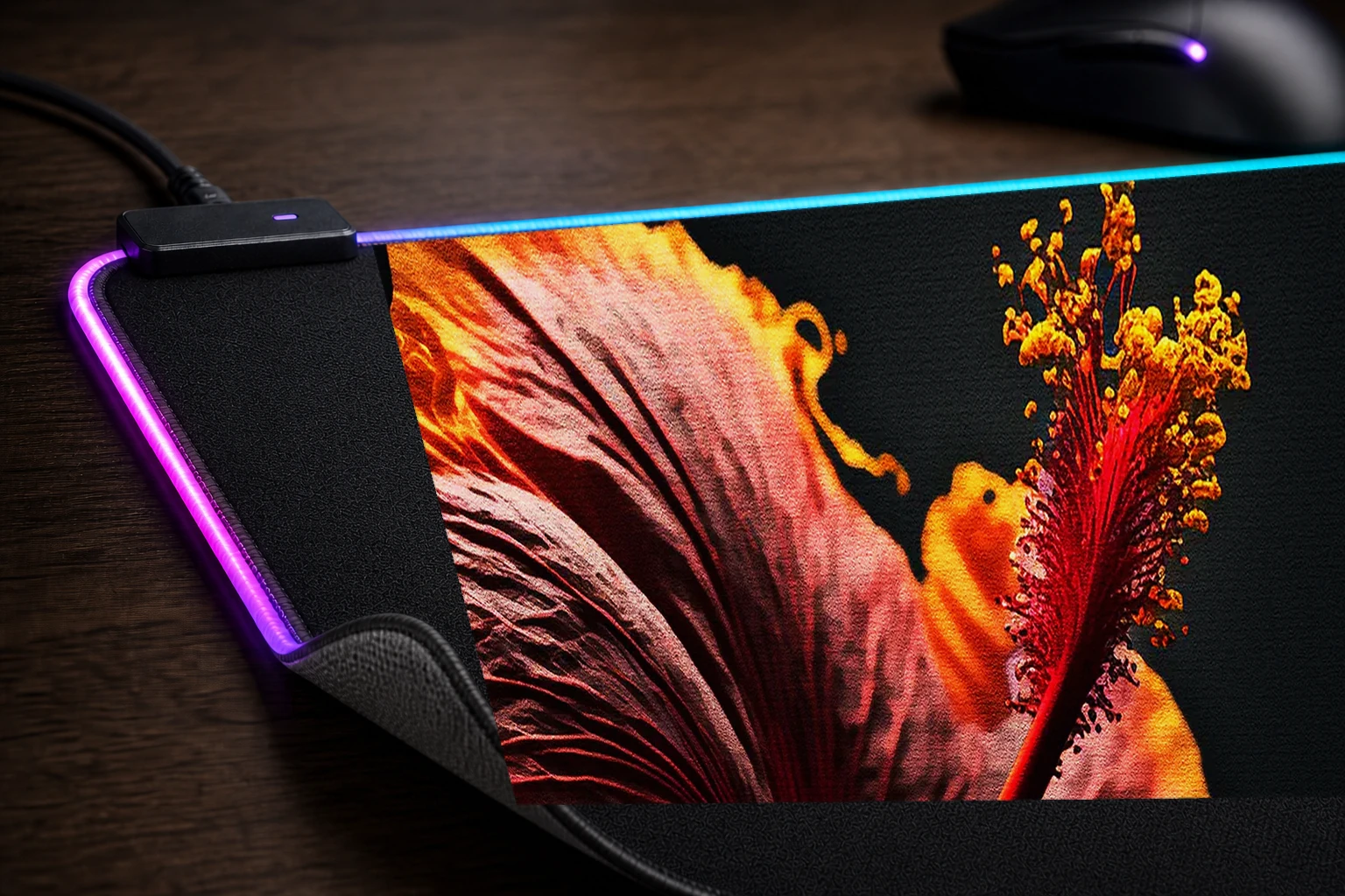 Portrait Hibiscus RGB Desk Mat controller and material detail