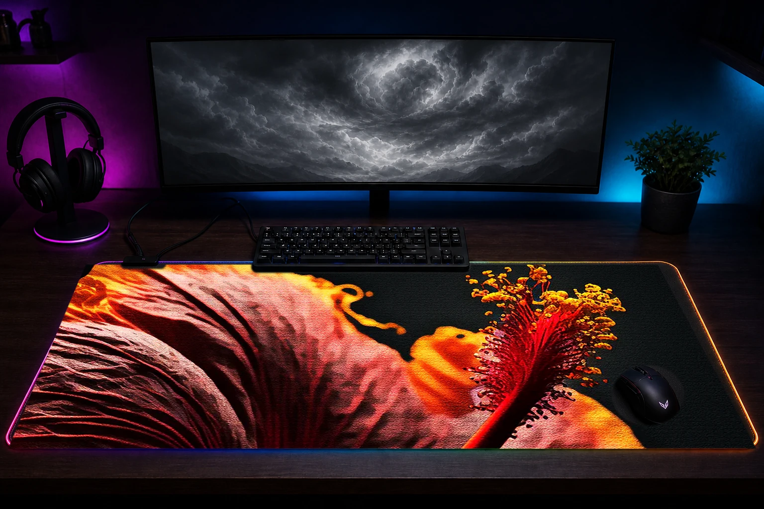Portrait Hibiscus RGB Desk Mat immersive setup scene