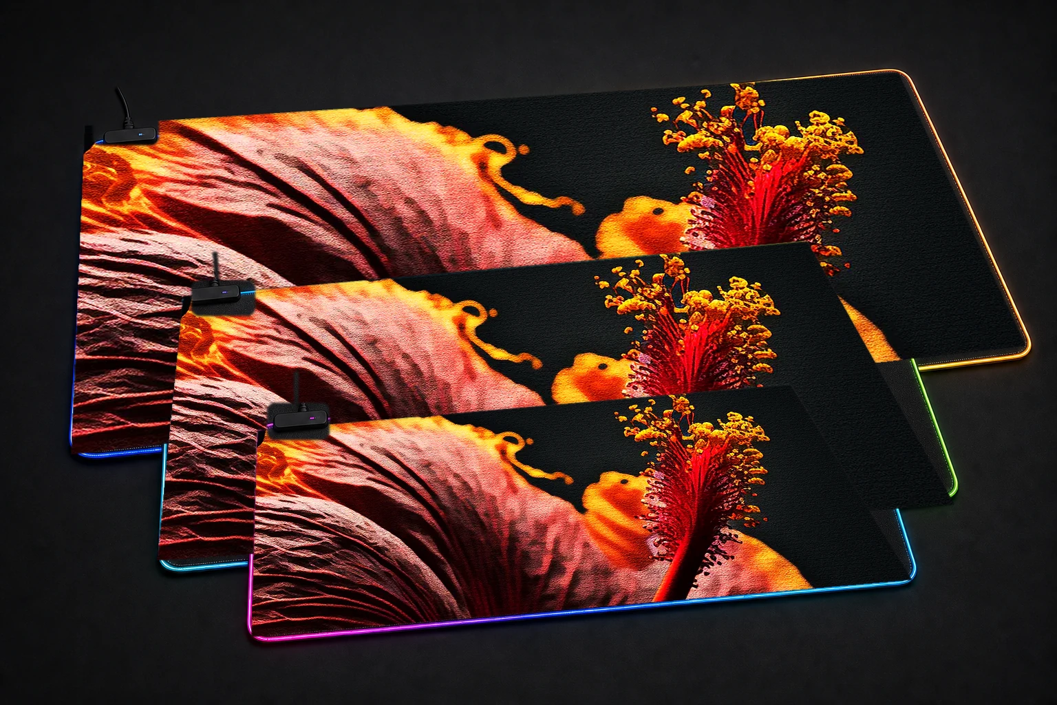 Portrait Hibiscus RGB Desk Mat three-size comparison