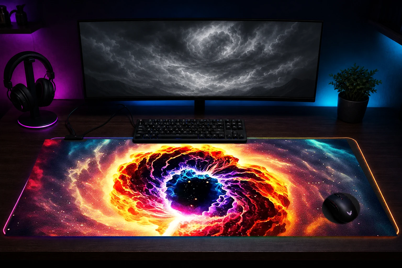 Galactic storm RGB Desk Mat immersive setup scene