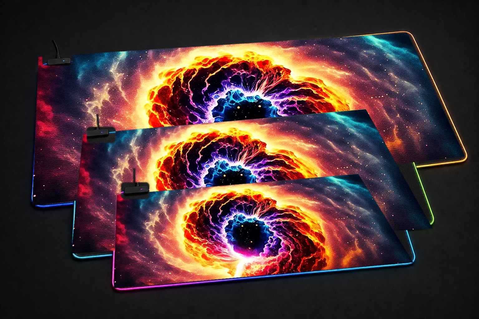 Galactic storm RGB Desk Mat three-size comparison